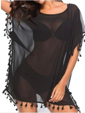 west loop Black Sheer Tassel Swim Cover-Up